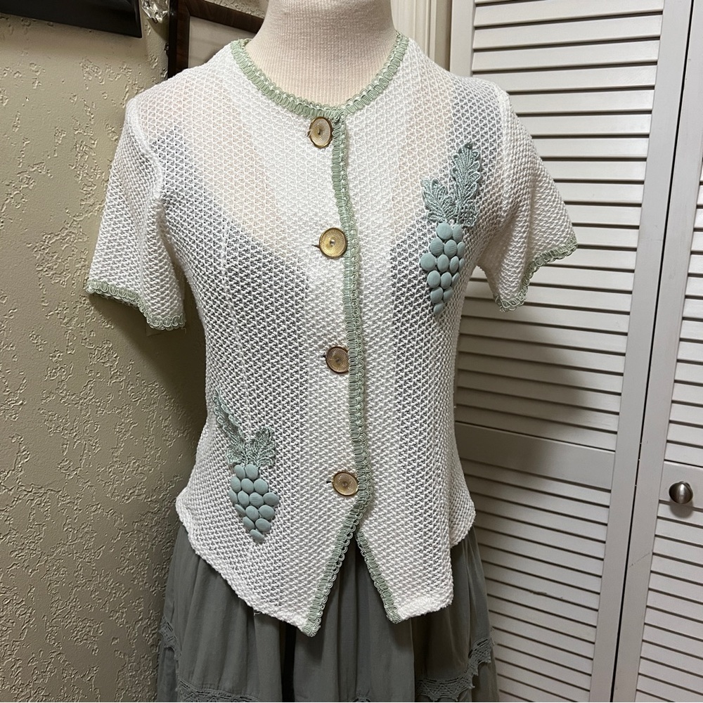 Phoenix Button Summer Sweater Embellished Soft Green Lace & Buttons Vintage